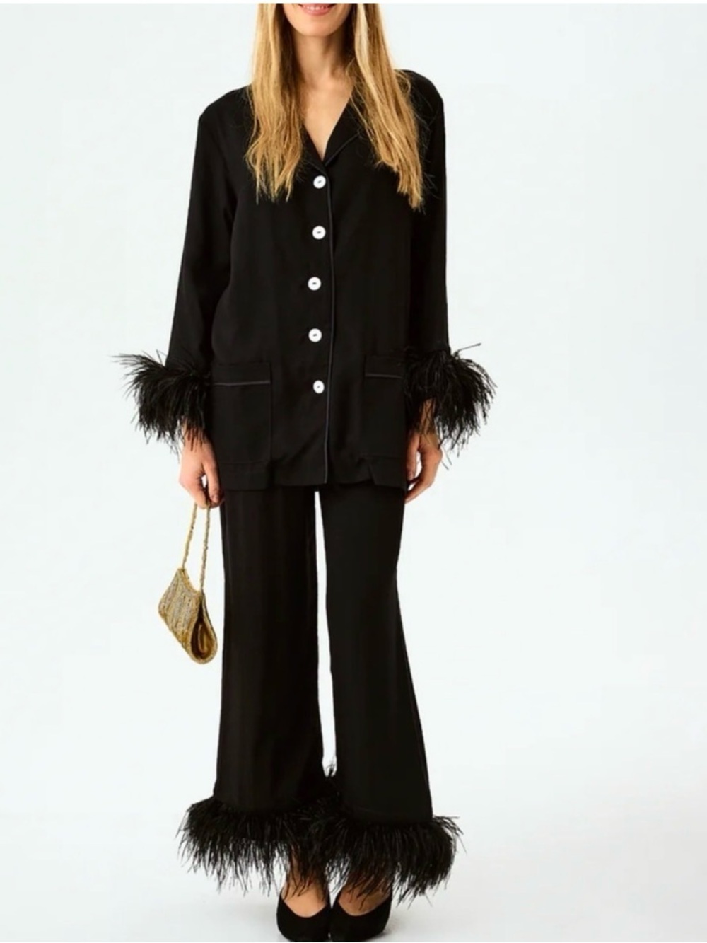 Sleeper Black Feather-Trim Wide-Leg Pants & Jacket